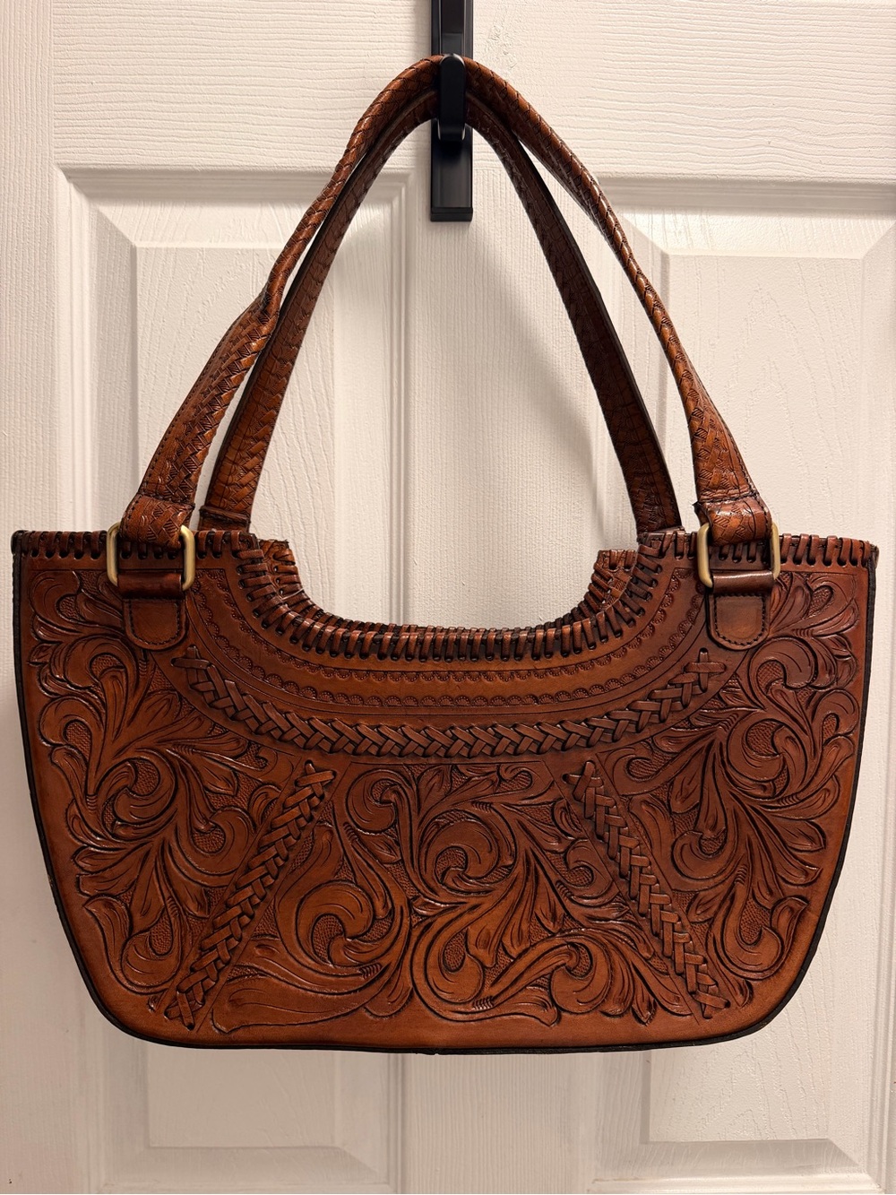 Tooled Leather Shoulder Bag in Brown by Vilenca - Picture 5 of 8